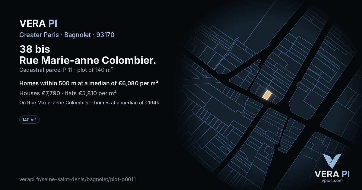 38 bis Rue Marie-anne Colombier, Bagnolet at night – the plot lit, the parcels around coloured by the prices near them