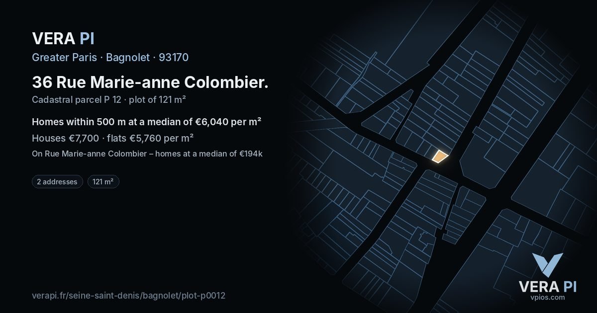 36 Rue Marie-anne Colombier, Bagnolet at night – the plot lit, the parcels around coloured by the prices near them