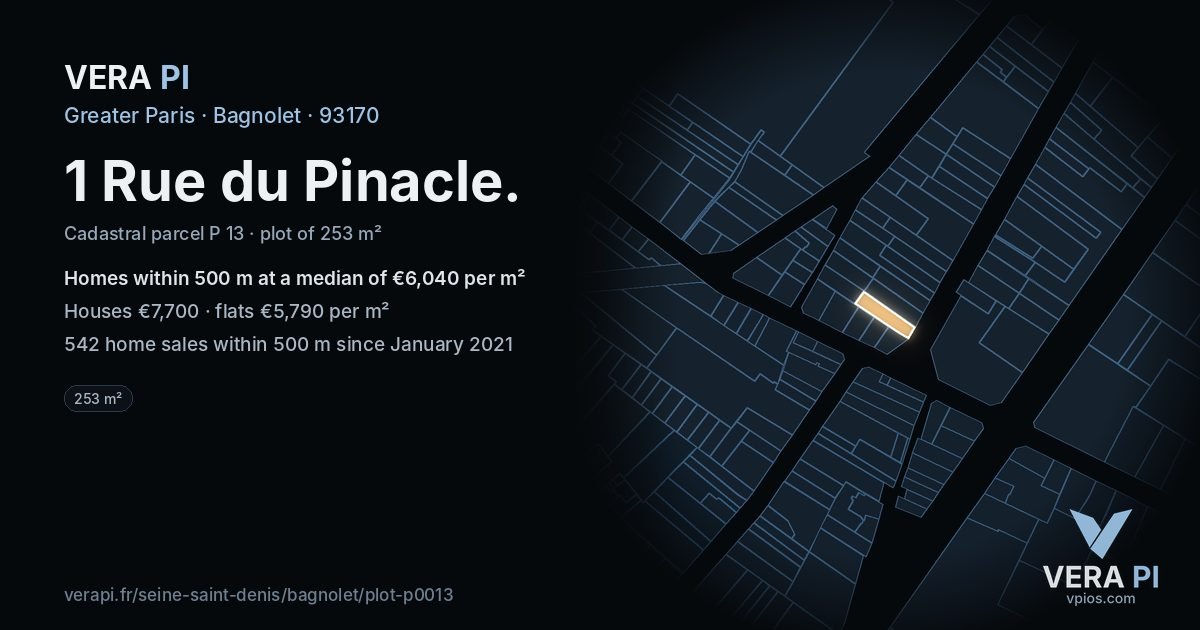 1 Rue du Pinacle, Bagnolet at night – the plot lit, the parcels around coloured by the prices near them