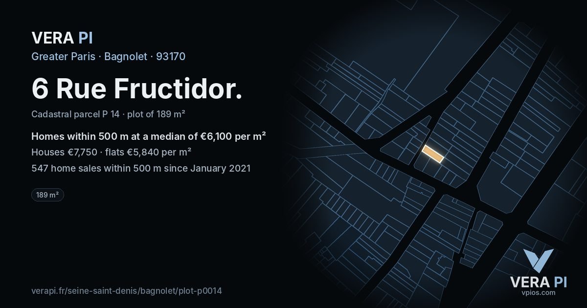 6 Rue Fructidor, Bagnolet at night – the plot lit, the parcels around coloured by the prices near them