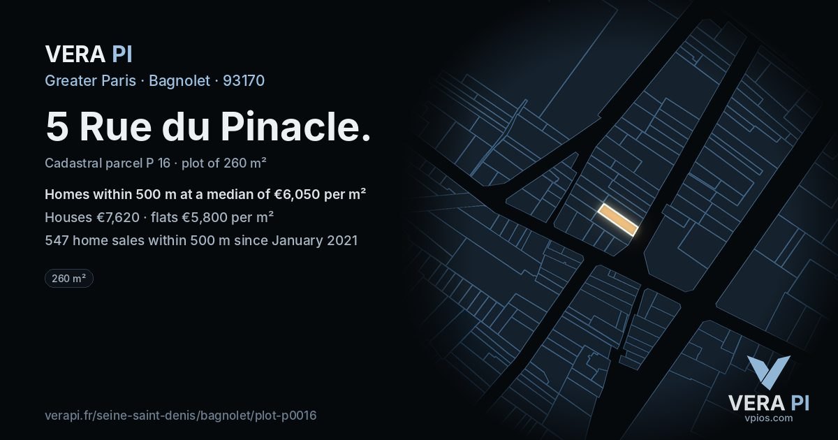 5 Rue du Pinacle, Bagnolet at night – the plot lit, the parcels around coloured by the prices near them