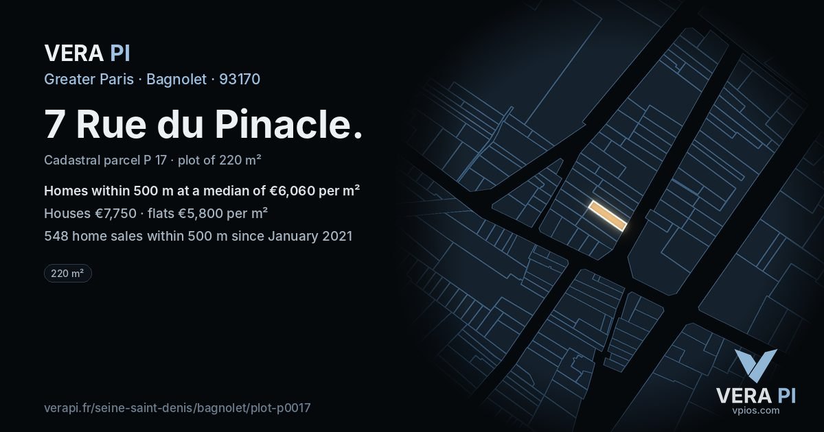 7 Rue du Pinacle, Bagnolet at night – the plot lit, the parcels around coloured by the prices near them
