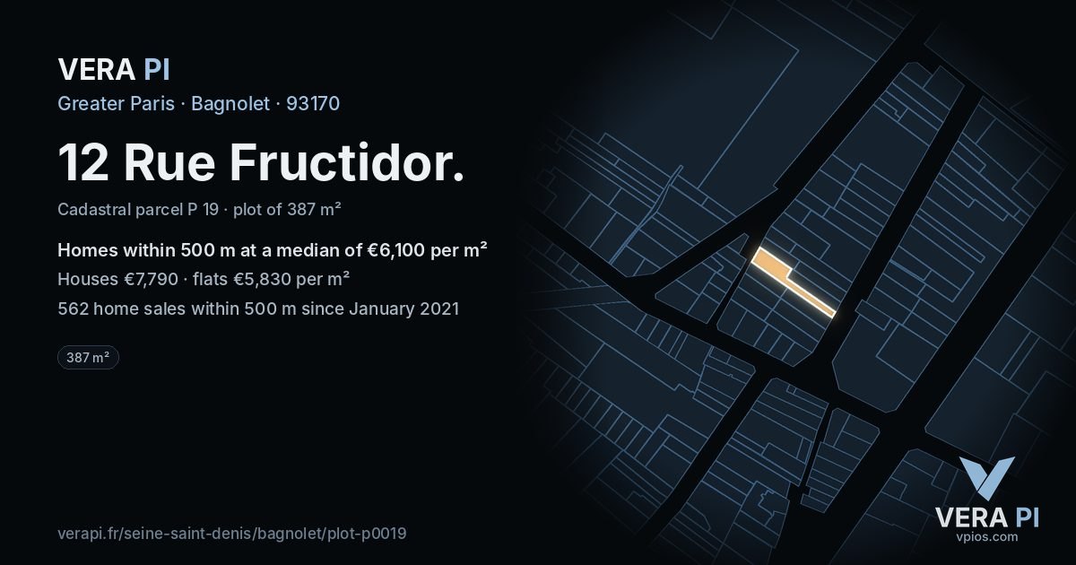 12 Rue Fructidor, Bagnolet at night – the plot lit, the parcels around coloured by the prices near them