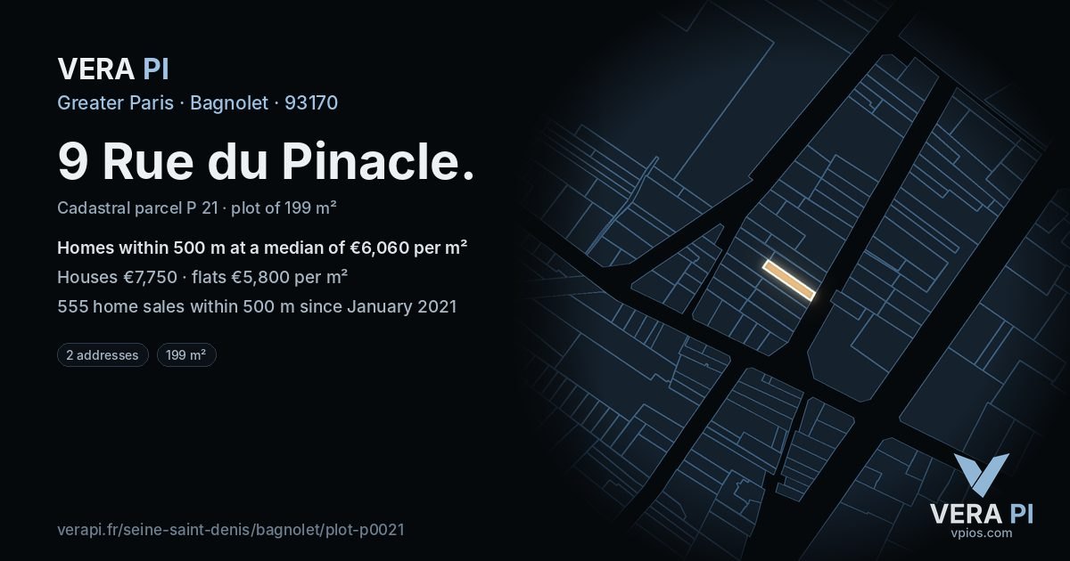 9 Rue du Pinacle, Bagnolet at night – the plot lit, the parcels around coloured by the prices near them