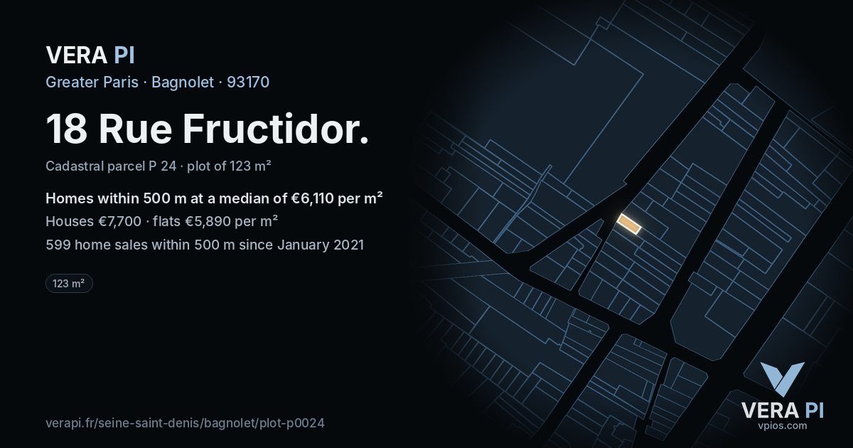 18 Rue Fructidor, Bagnolet at night – the plot lit, the parcels around coloured by the prices near them