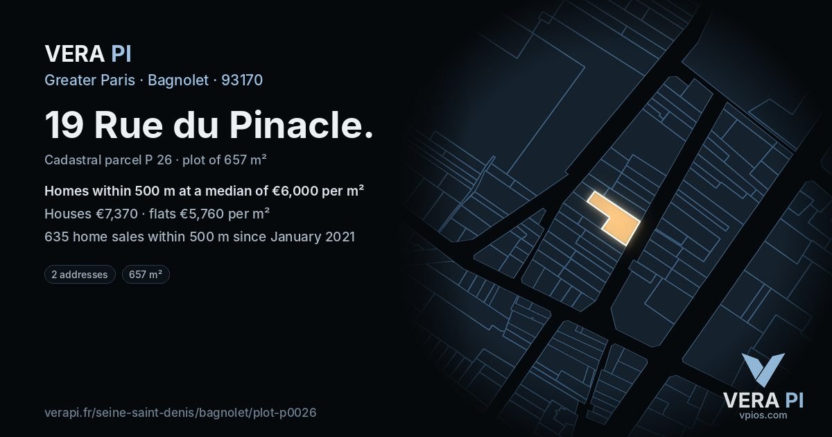 19 Rue du Pinacle, Bagnolet at night – the plot lit, the parcels around coloured by the prices near them