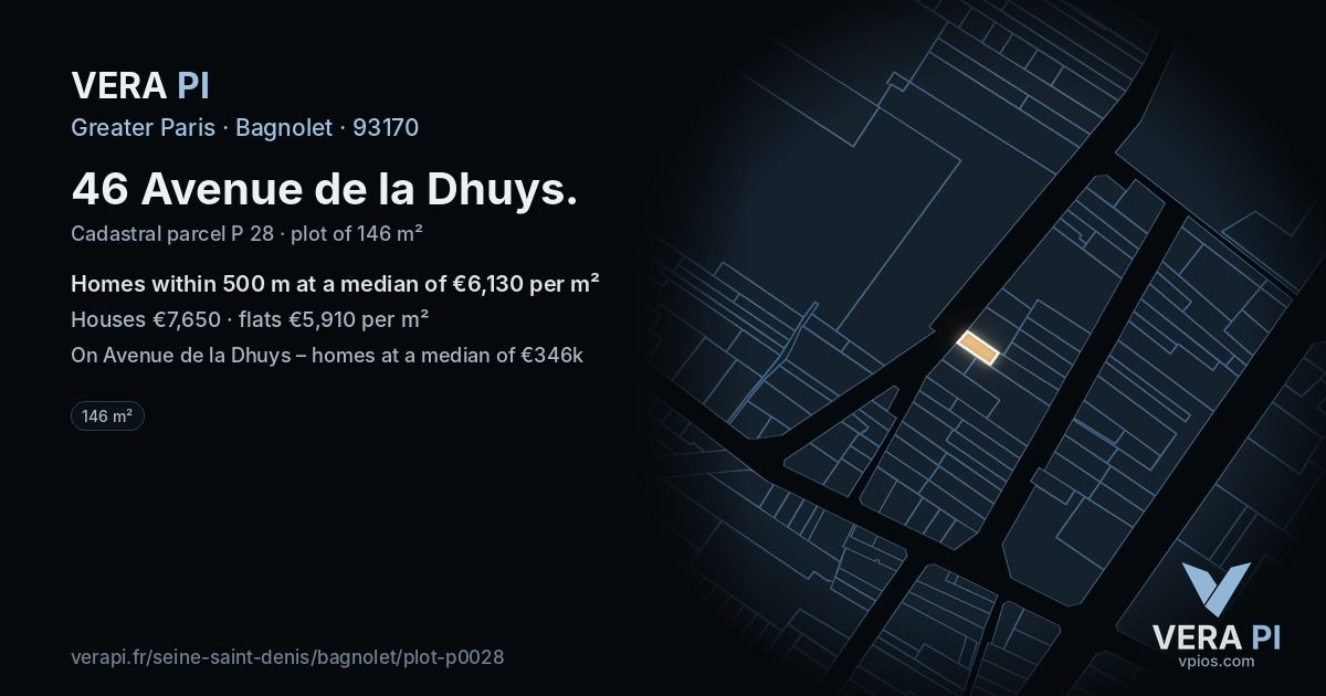46 Avenue de la Dhuys, Bagnolet at night – the plot lit, the parcels around coloured by the prices near them
