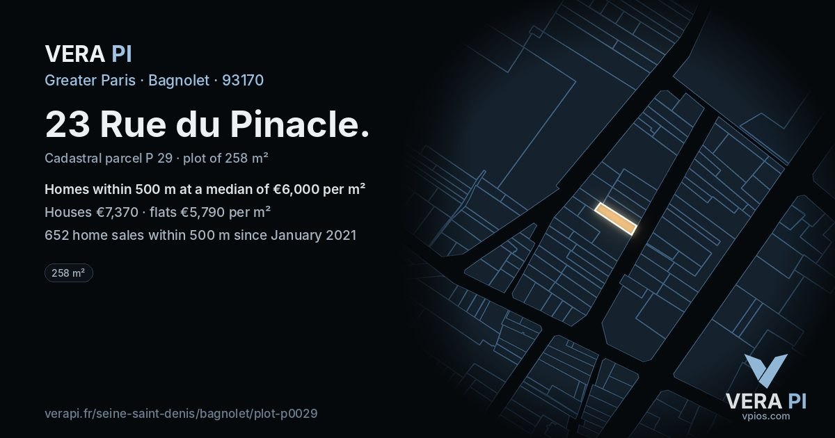 23 Rue du Pinacle, Bagnolet at night – the plot lit, the parcels around coloured by the prices near them