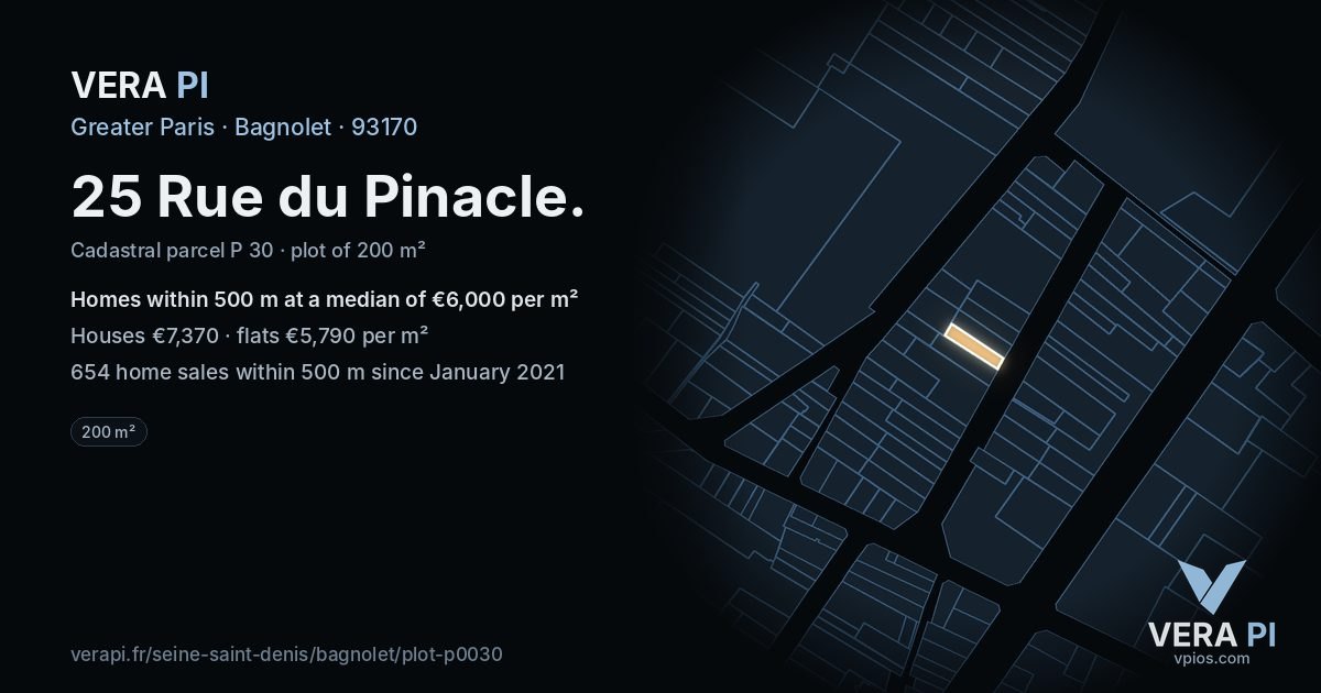25 Rue du Pinacle, Bagnolet at night – the plot lit, the parcels around coloured by the prices near them