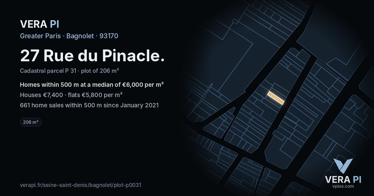 27 Rue du Pinacle, Bagnolet at night – the plot lit, the parcels around coloured by the prices near them