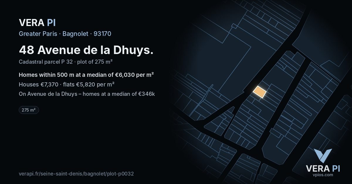 48 Avenue de la Dhuys, Bagnolet at night – the plot lit, the parcels around coloured by the prices near them