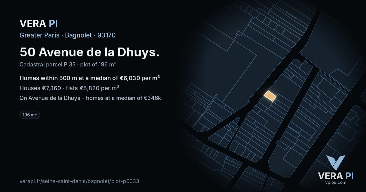 50 Avenue de la Dhuys, Bagnolet at night – the plot lit, the parcels around coloured by the prices near them