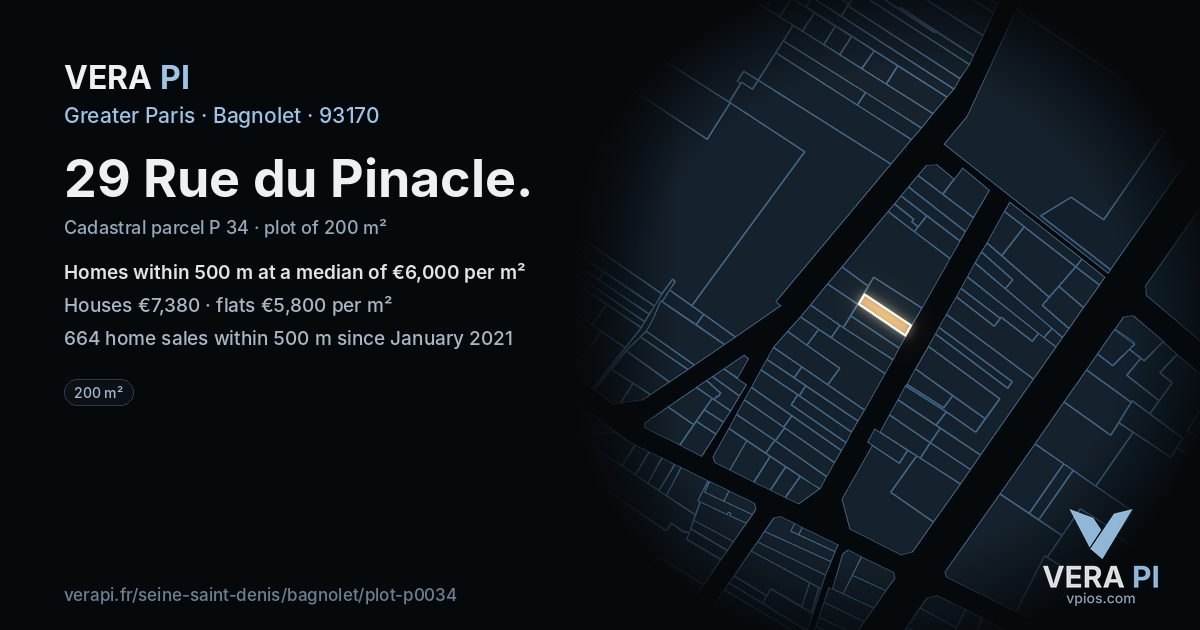 29 Rue du Pinacle, Bagnolet at night – the plot lit, the parcels around coloured by the prices near them