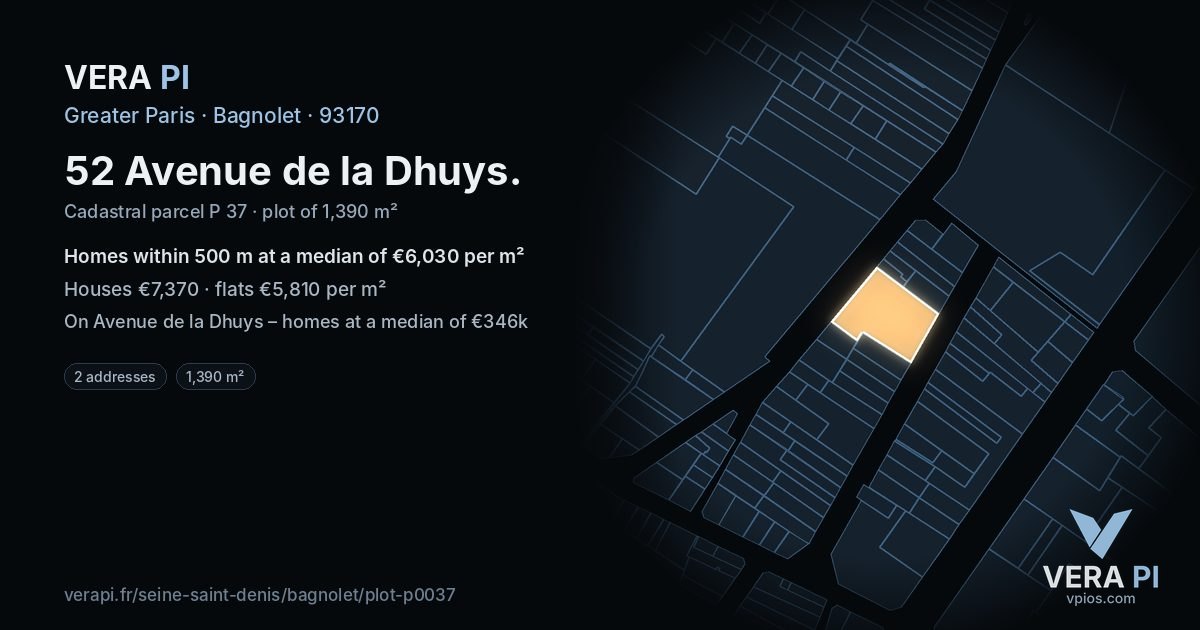 52 Avenue de la Dhuys, Bagnolet at night – the plot lit, the parcels around coloured by the prices near them
