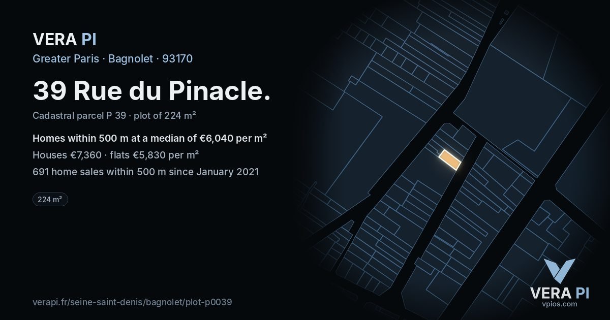 39 Rue du Pinacle, Bagnolet at night – the plot lit, the parcels around coloured by the prices near them