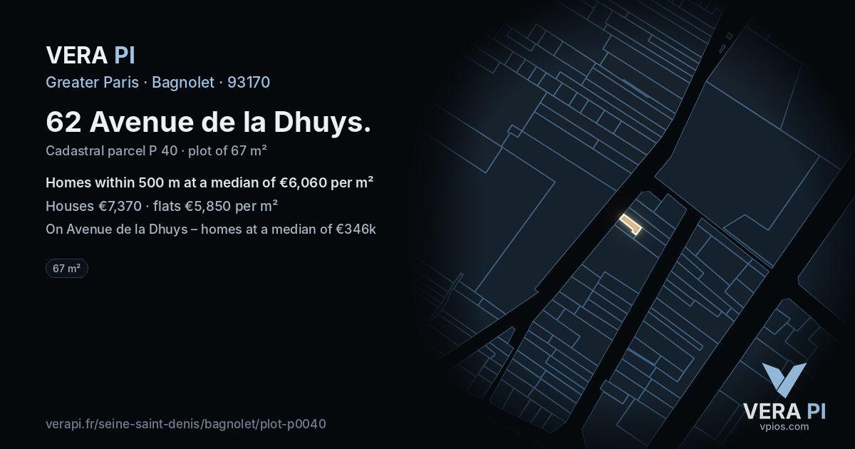 62 Avenue de la Dhuys, Bagnolet at night – the plot lit, the parcels around coloured by the prices near them