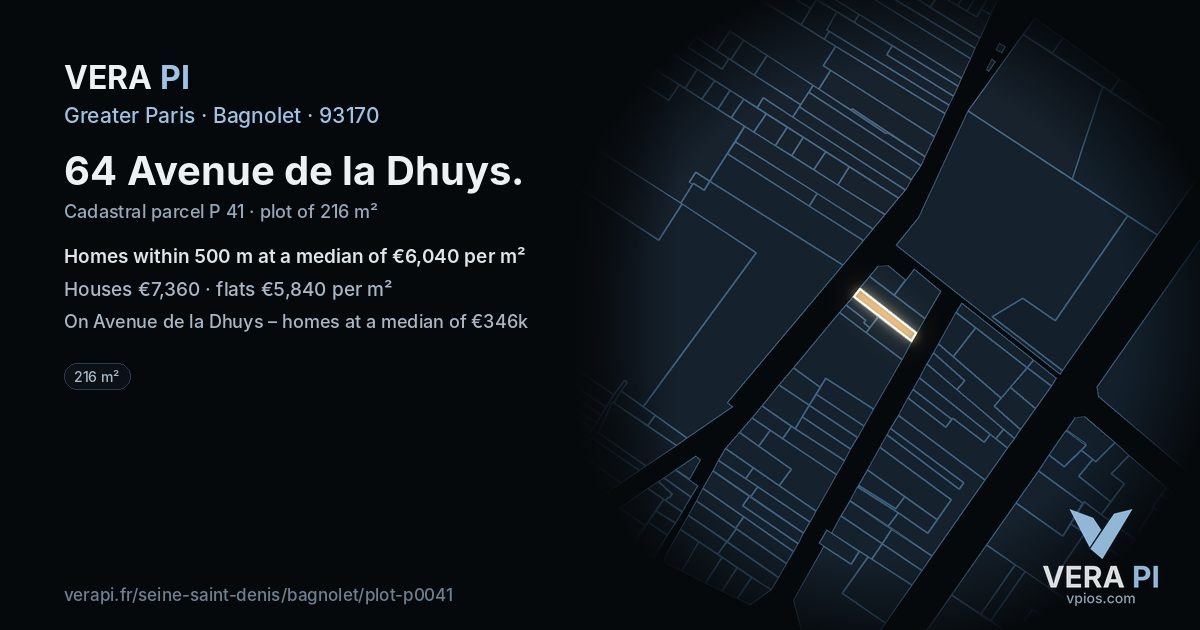 64 Avenue de la Dhuys, Bagnolet at night – the plot lit, the parcels around coloured by the prices near them