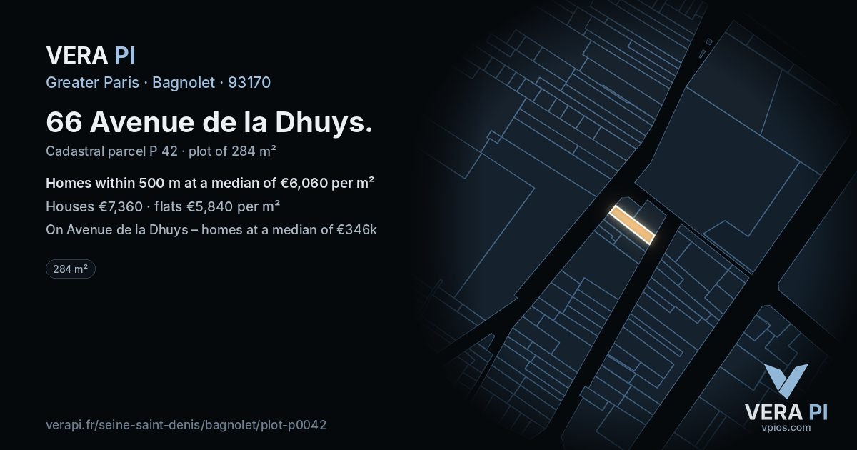 66 Avenue de la Dhuys, Bagnolet at night – the plot lit, the parcels around coloured by the prices near them