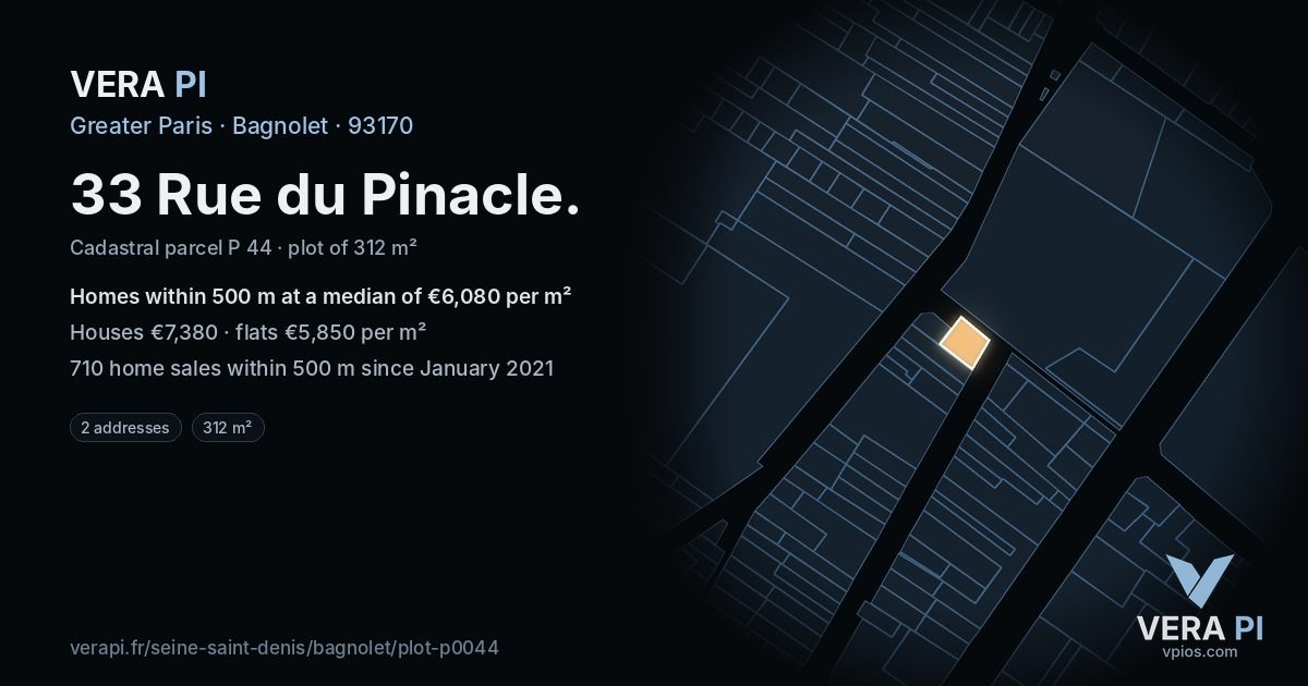33 Rue du Pinacle, Bagnolet at night – the plot lit, the parcels around coloured by the prices near them