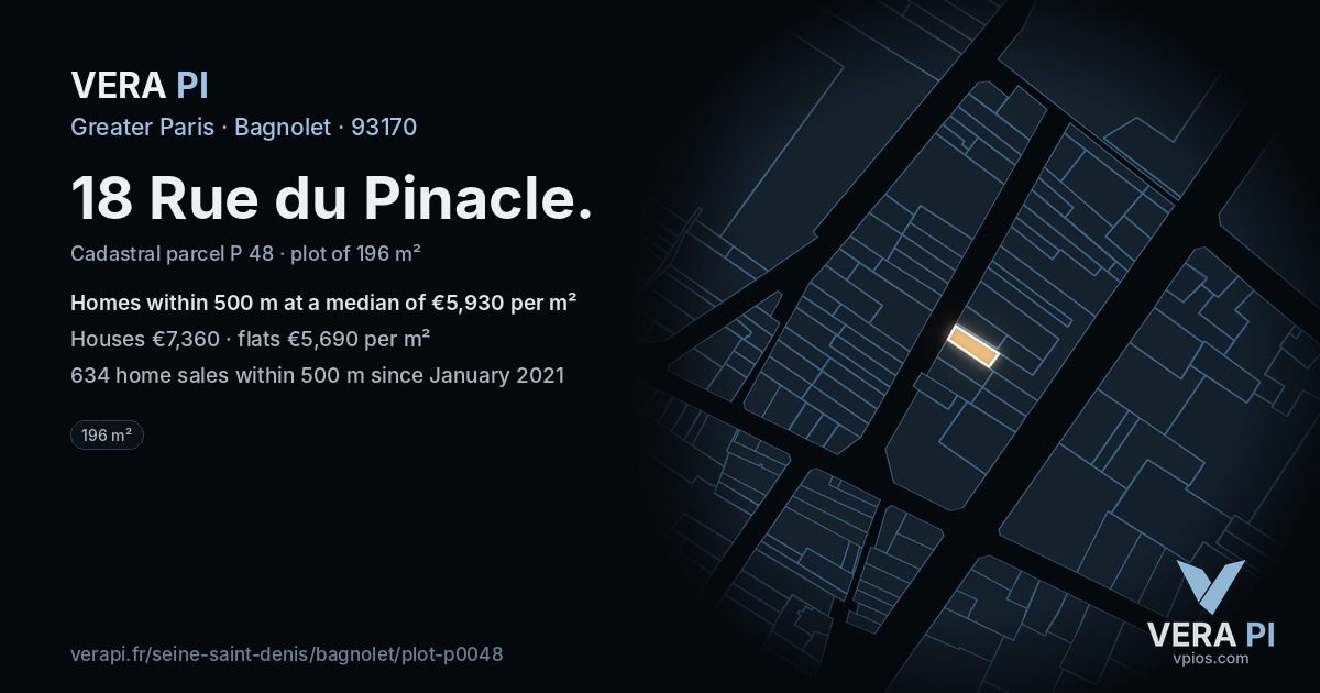 18 Rue du Pinacle, Bagnolet at night – the plot lit, the parcels around coloured by the prices near them