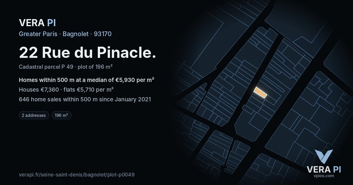 22 Rue du Pinacle, Bagnolet at night – the plot lit, the parcels around coloured by the prices near them
