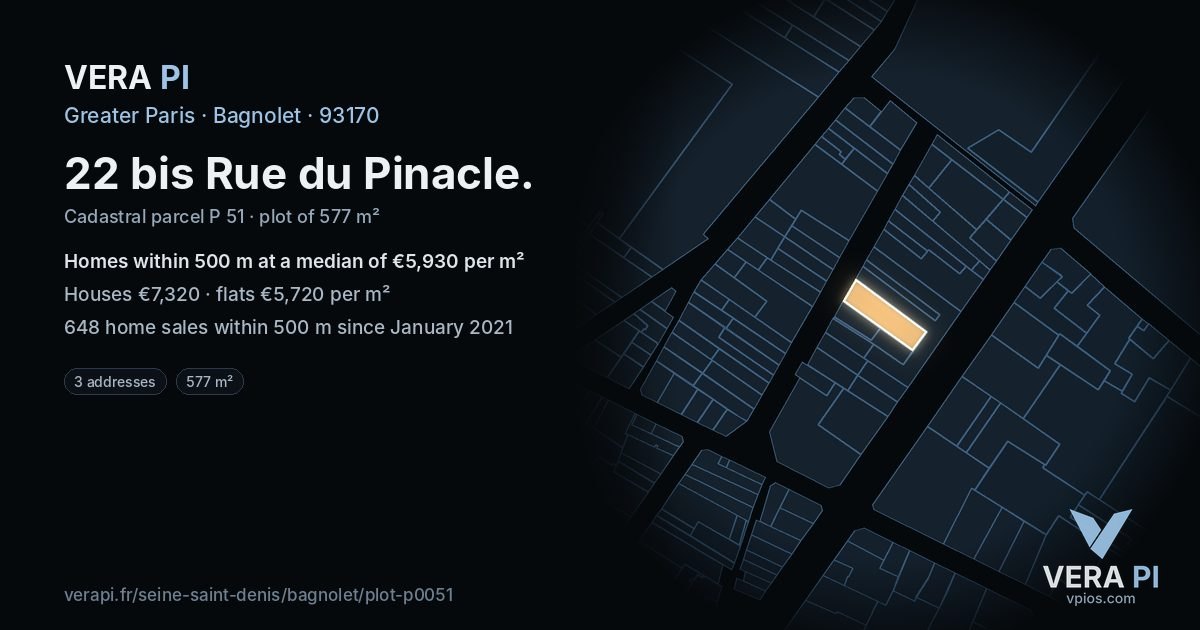 22 bis Rue du Pinacle, Bagnolet at night – the plot lit, the parcels around coloured by the prices near them