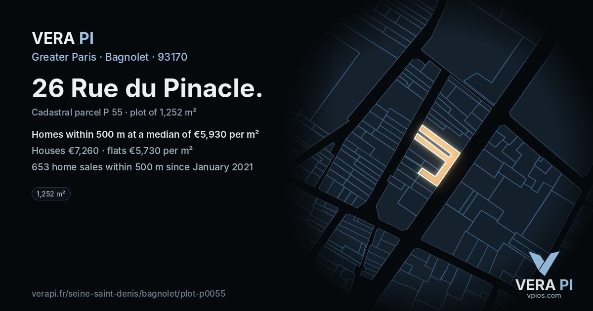 26 Rue du Pinacle, Bagnolet at night – the plot lit, the parcels around coloured by the prices near them