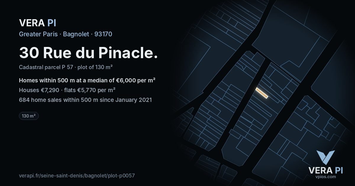 30 Rue du Pinacle, Bagnolet at night – the plot lit, the parcels around coloured by the prices near them