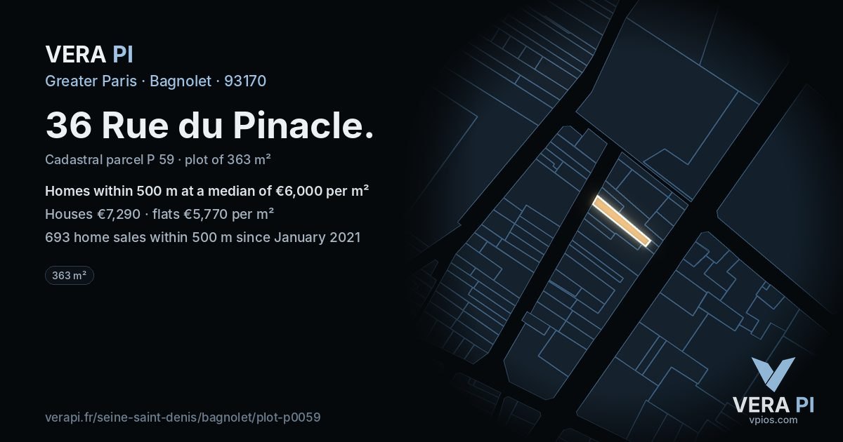 36 Rue du Pinacle, Bagnolet at night – the plot lit, the parcels around coloured by the prices near them
