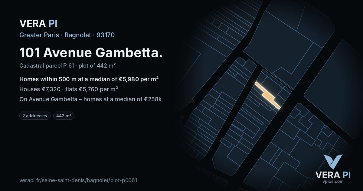 101 Avenue Gambetta, Bagnolet at night – the plot lit, the parcels around coloured by the prices near them