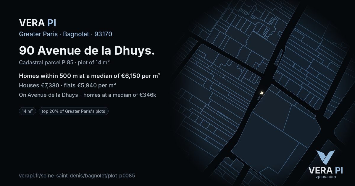 90 Avenue de la Dhuys, Bagnolet at night – the plot lit, the parcels around coloured by the prices near them