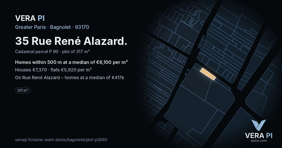 35 Rue René Alazard, Bagnolet at night – the plot lit, the parcels around coloured by the prices near them
