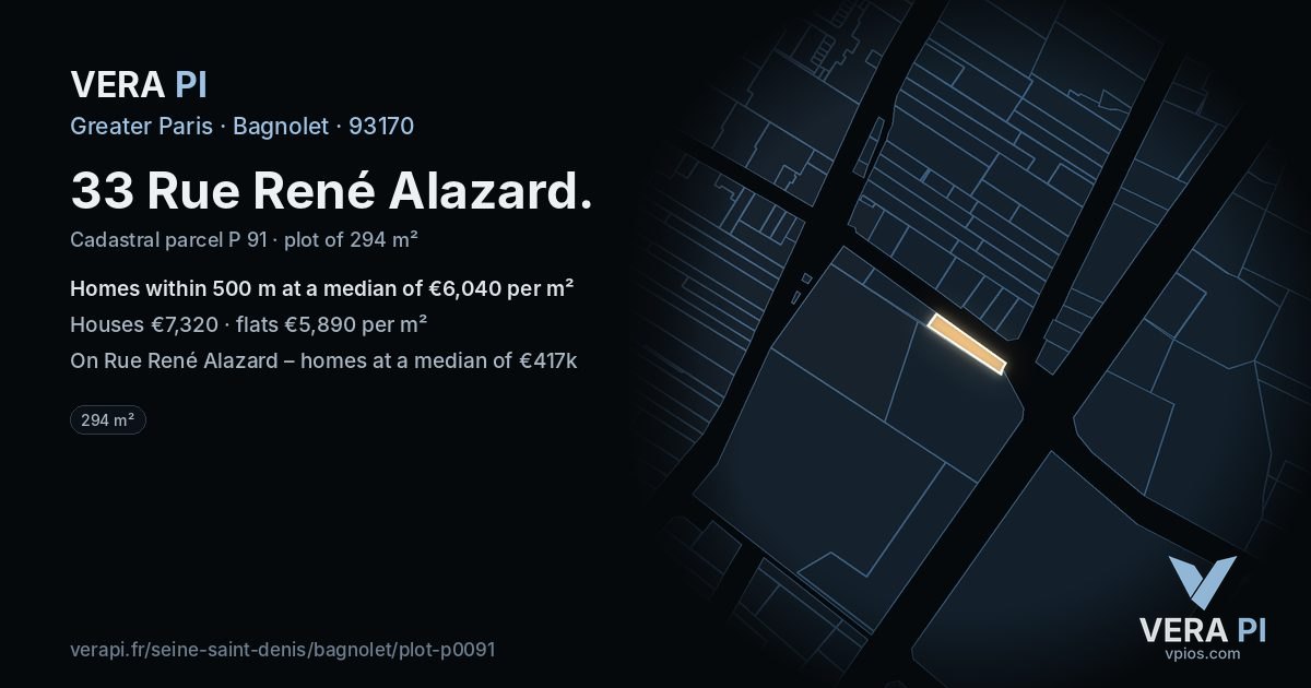 33 Rue René Alazard, Bagnolet at night – the plot lit, the parcels around coloured by the prices near them
