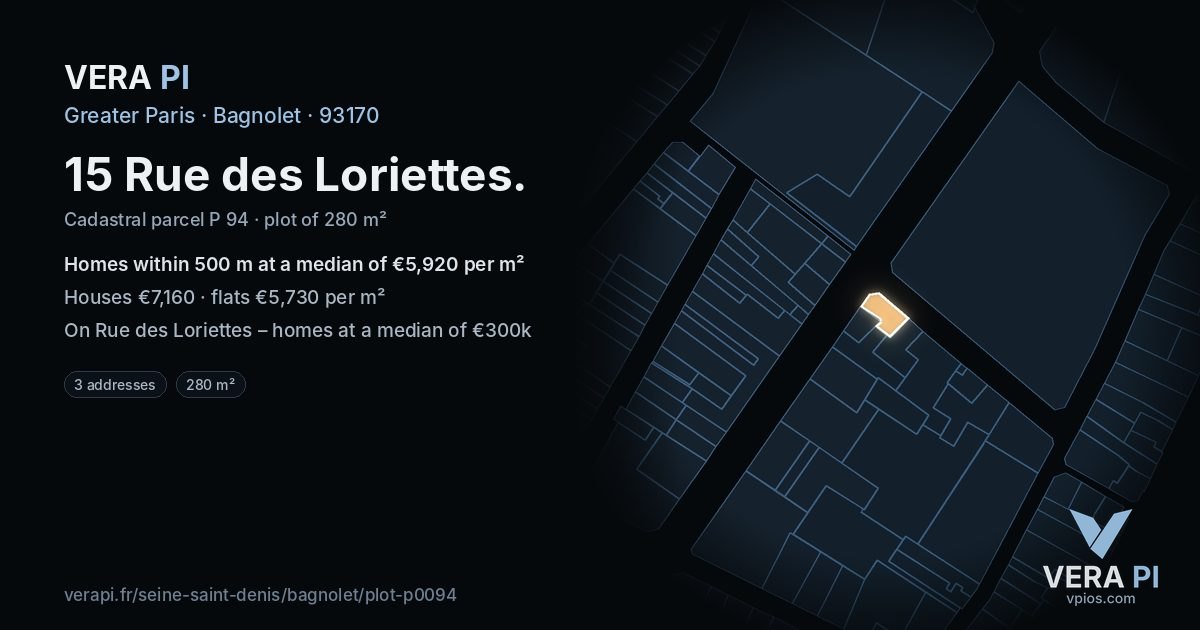 15 Rue des Loriettes, Bagnolet at night – the plot lit, the parcels around coloured by the prices near them