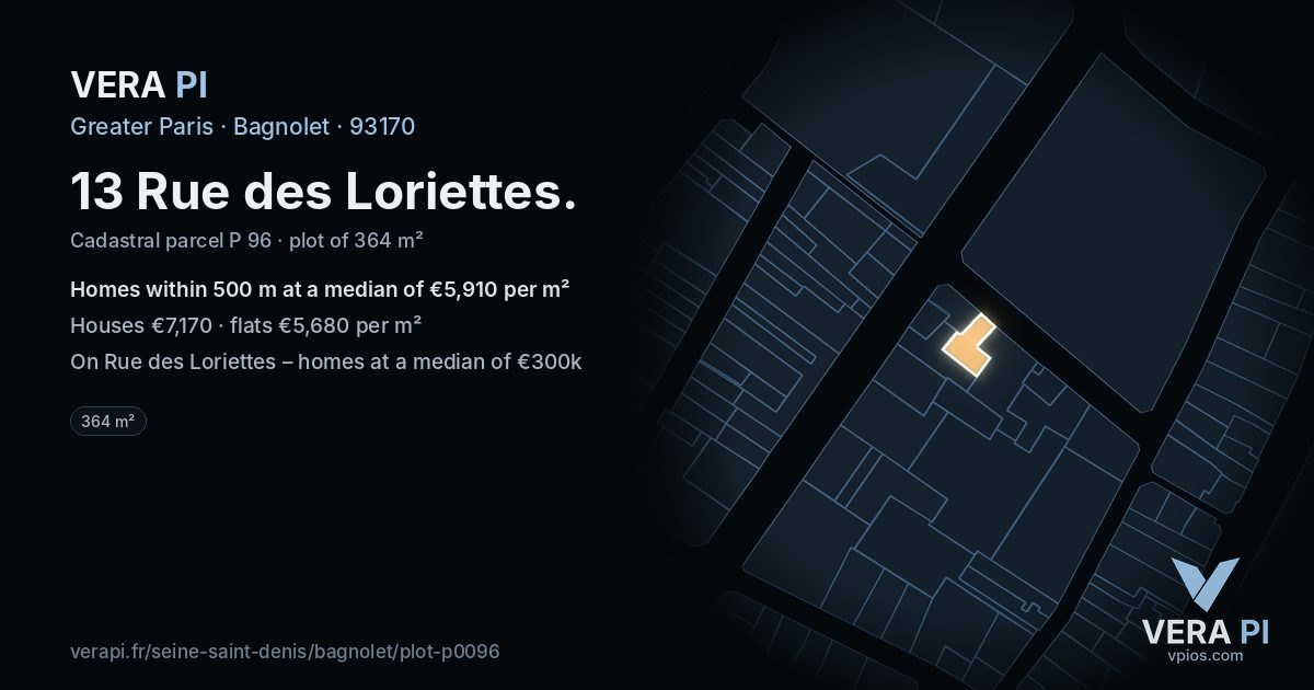 13 Rue des Loriettes, Bagnolet at night – the plot lit, the parcels around coloured by the prices near them