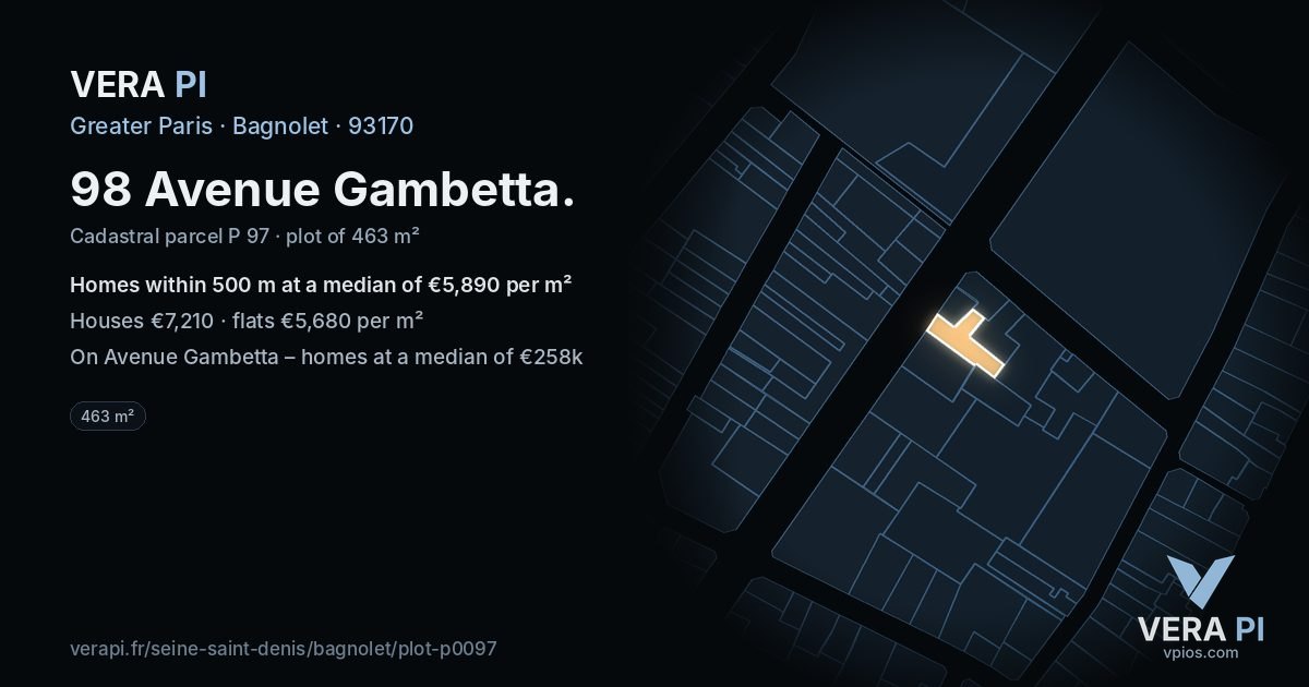98 Avenue Gambetta, Bagnolet at night – the plot lit, the parcels around coloured by the prices near them