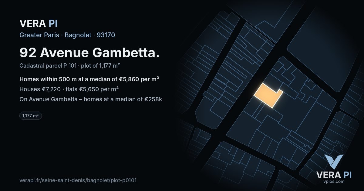 92 Avenue Gambetta, Bagnolet at night – the plot lit, the parcels around coloured by the prices near them