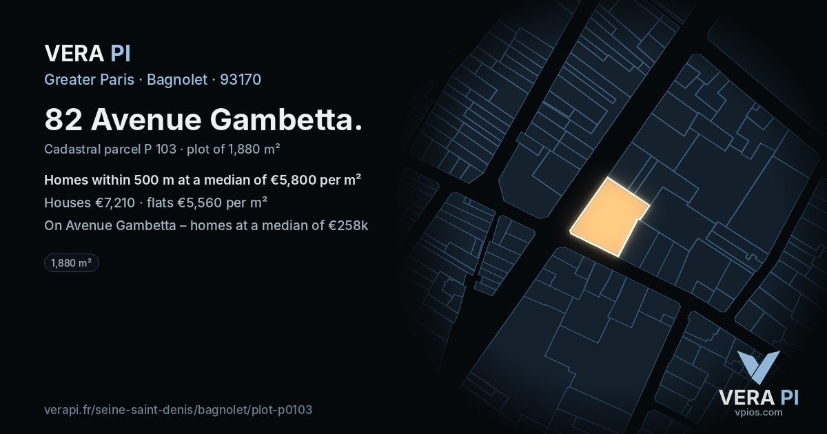 82 Avenue Gambetta, Bagnolet at night – the plot lit, the parcels around coloured by the prices near them