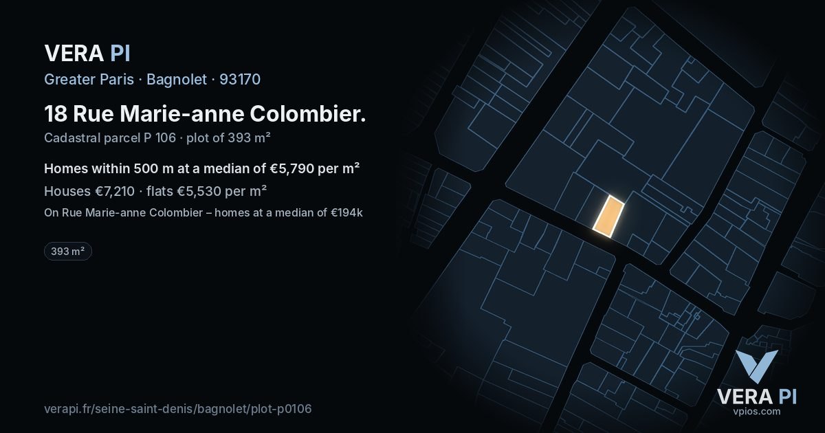 18 Rue Marie-anne Colombier, Bagnolet at night – the plot lit, the parcels around coloured by the prices near them