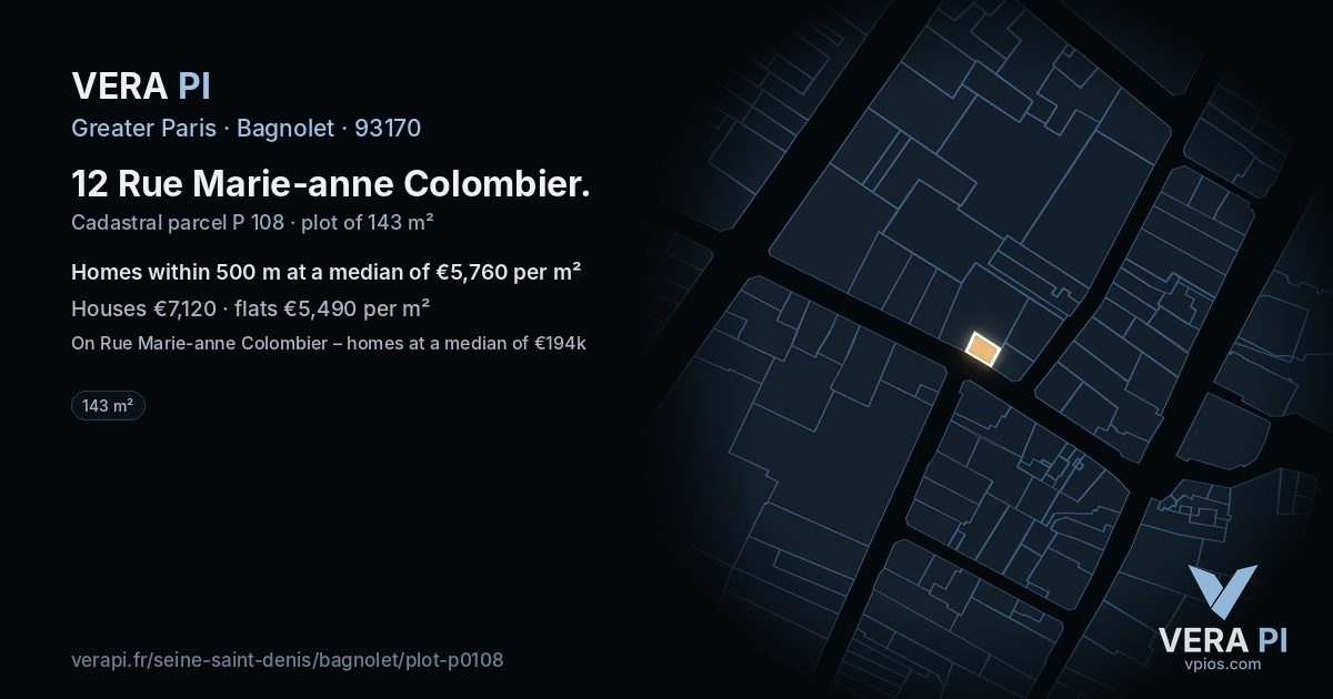 12 Rue Marie-anne Colombier, Bagnolet at night – the plot lit, the parcels around coloured by the prices near them