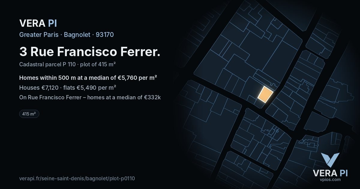 3 Rue Francisco Ferrer, Bagnolet at night – the plot lit, the parcels around coloured by the prices near them