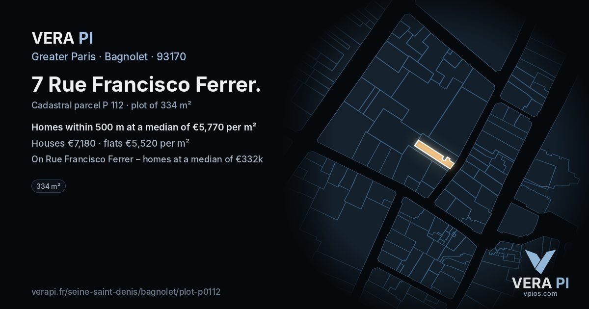 7 Rue Francisco Ferrer, Bagnolet at night – the plot lit, the parcels around coloured by the prices near them