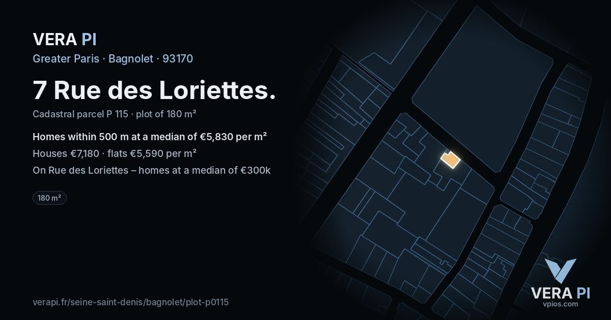 7 Rue des Loriettes, Bagnolet at night – the plot lit, the parcels around coloured by the prices near them