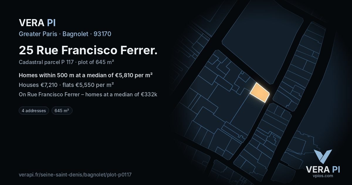 25 Rue Francisco Ferrer, Bagnolet at night – the plot lit, the parcels around coloured by the prices near them