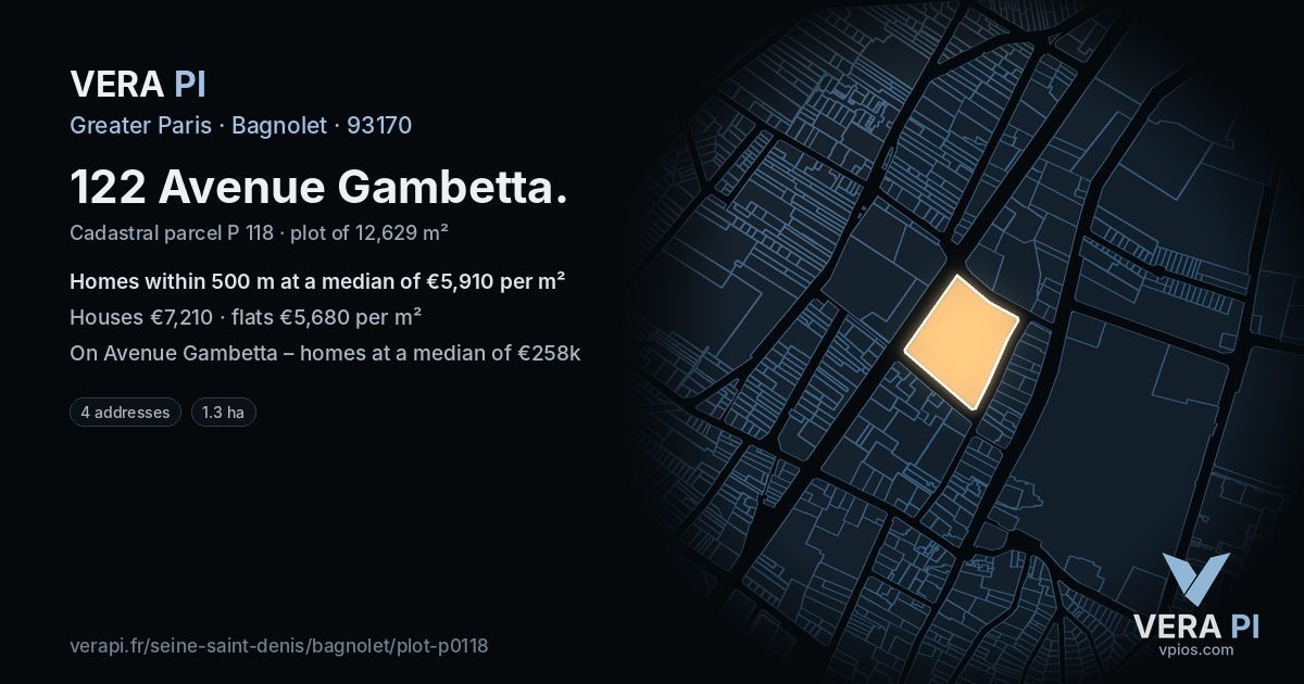 122 Avenue Gambetta, Bagnolet at night – the plot lit, the parcels around coloured by the prices near them