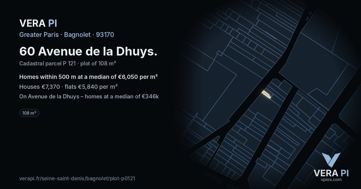 60 Avenue de la Dhuys, Bagnolet at night – the plot lit, the parcels around coloured by the prices near them