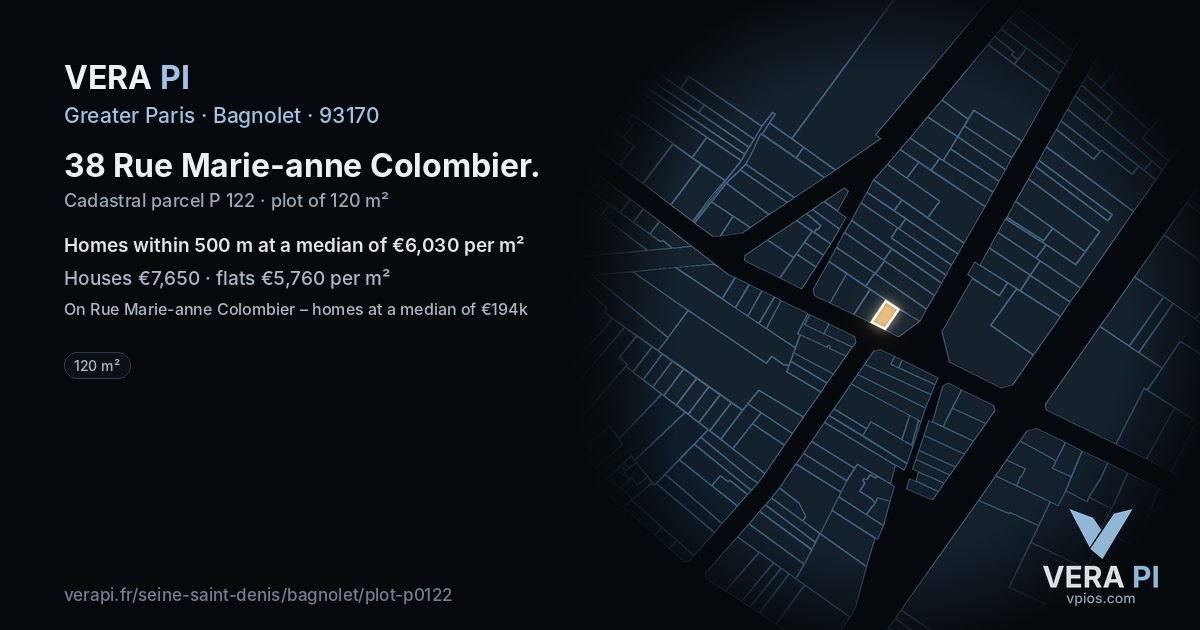 38 Rue Marie-anne Colombier, Bagnolet at night – the plot lit, the parcels around coloured by the prices near them