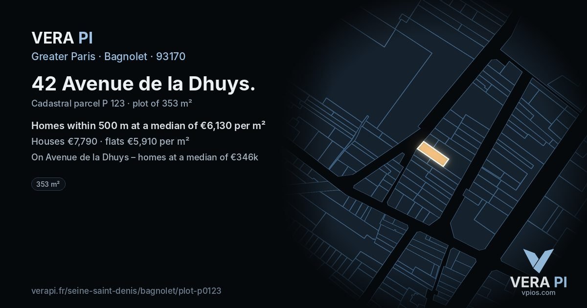 42 Avenue de la Dhuys, Bagnolet at night – the plot lit, the parcels around coloured by the prices near them