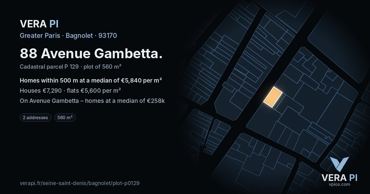 88 Avenue Gambetta, Bagnolet at night – the plot lit, the parcels around coloured by the prices near them