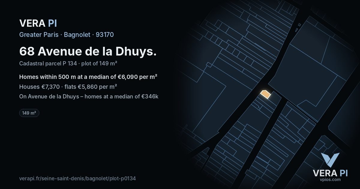 68 Avenue de la Dhuys, Bagnolet at night – the plot lit, the parcels around coloured by the prices near them